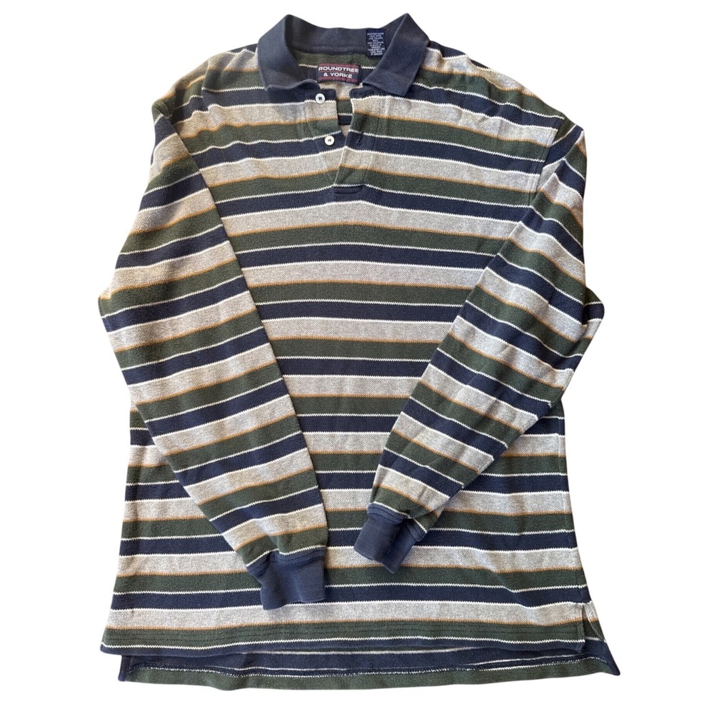 Roundtree & Yorke Polo Shirt Mens M Green Blue Striped Long Sleeve